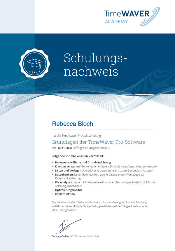 Rebecca Bloch, Schulungsnachweis Timewaver